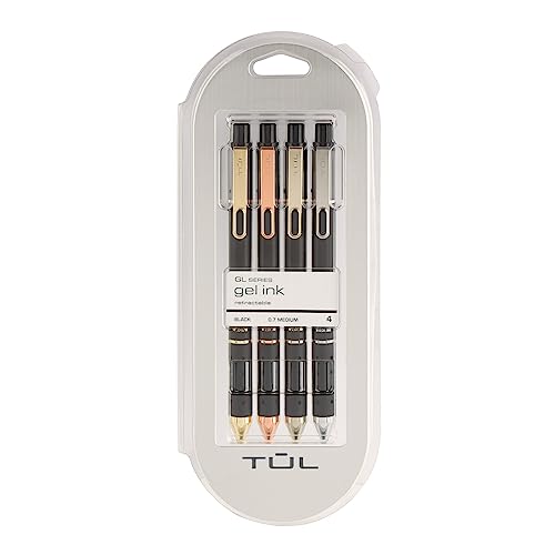 TUL® GL Series Retractable Gel Pens, Mixed Metals, Medium Point, 0.7 mm, Black Barrel, Black Ink, Pack Of 4 Pens