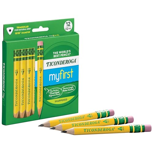 Ticonderoga My First Half-Size Wooden Pencils, Large Triangle-Barrel Pre-Sharpened #2 (HB) Short 4.5" Yellow Pencils with Erasers, Yellow, 12/Pack