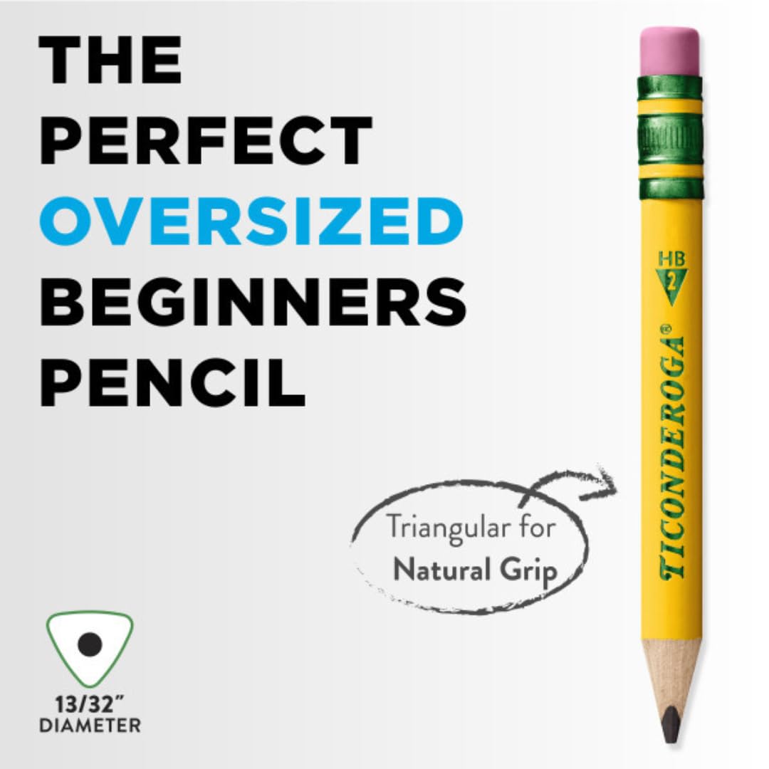 Ticonderoga My First Half-Size Wooden Pencils, Large Triangle-Barrel Pre-Sharpened #2 (HB) Short 4.5" Yellow Pencils with Erasers, Yellow, 12/Pack