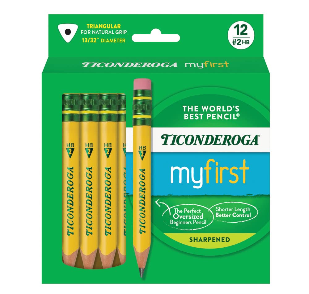 Ticonderoga My First Half-Size Wooden Pencils, Large Triangle-Barrel Pre-Sharpened #2 (HB) Short 4.5" Yellow Pencils with Erasers, Yellow, 12/Pack