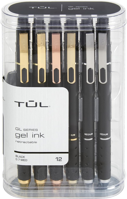 TUL® GL Series Retractable Gel Pens, Mixed Metals, Medium Point, 0.7 mm, Black Barrel, Black Ink, Pack Of 12 Pens